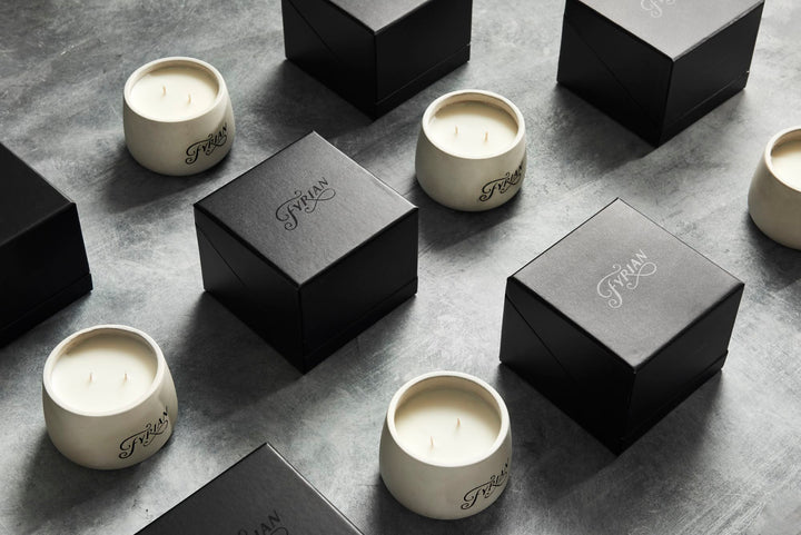 housewarming gifts, mens candle, matte black packaging, luxury candles, concrete vessel, industrial style